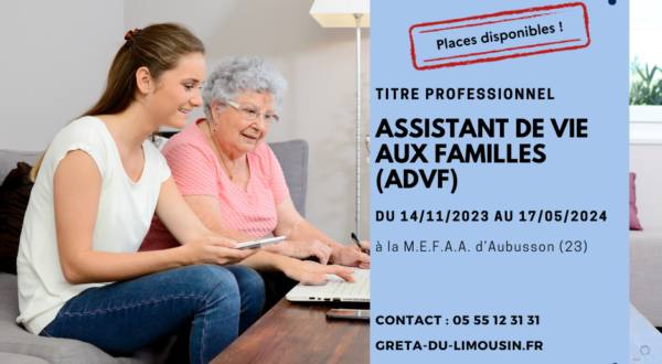 [Il reste des places] TITRE PROFESSIONNEL Assistant De Vie aux Familles (ADVF) - Aubusson (23) 1